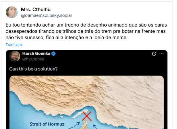 Post de Mrs. Cthulhu (@damaemsol.bsky.social): Eu tou tentando achar um trecho de desenho animado que são os caras desesperados tirando os trilhos de trás do trem pra botar na frente mas não tive sucesso, fica aí a intenção e a ideia de meme