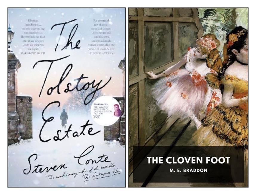 The covers of two books: The Tolstoy Estate by Steven Conte; and The Cloven Foot by M. E. Braddon
