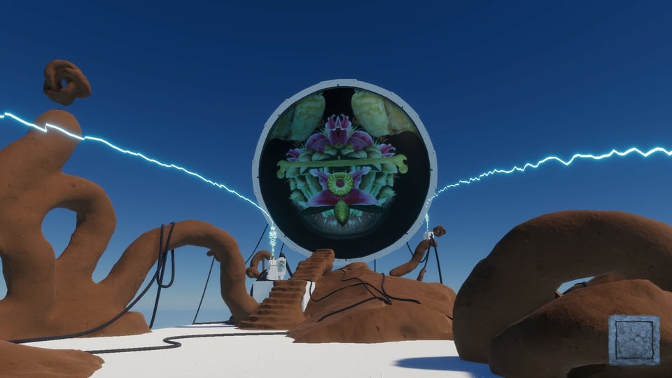A screenshot from the game Plum Orad Tea Dream. A large orb in a blue sky projects a surreal pattern over an abstract landscape of clay shapes.