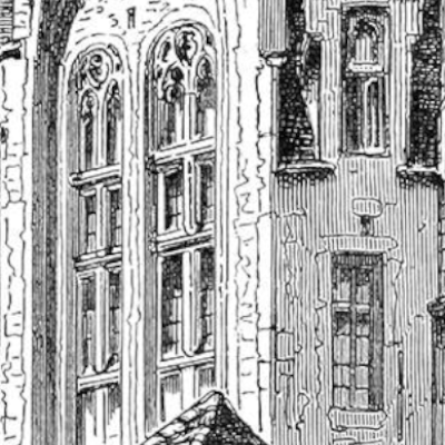 A detail of an old line drawing of a windowed tower