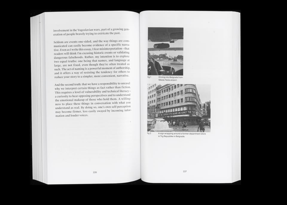 Text on the left hand page, and two black and white images on the right: one of someone driving on the highway, and another of a sign wrapping around a Soviet-style building.