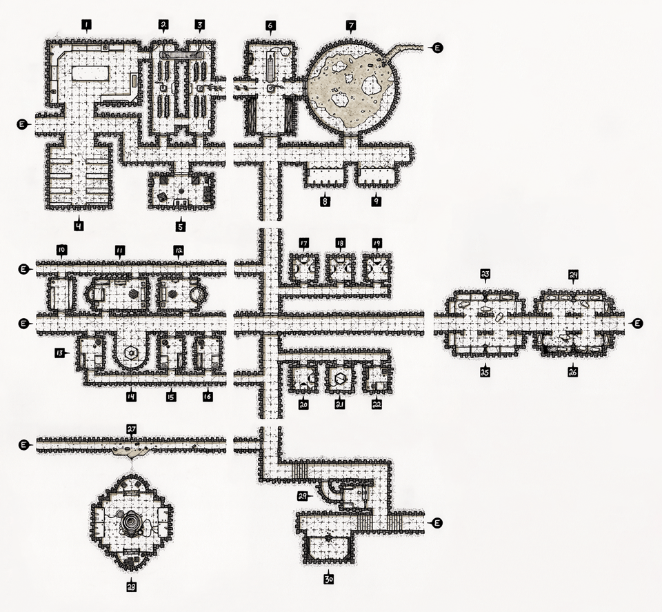 An overhead map of the Servant Halls, consisting of a kitchen, guest suites, the lairage, servitor regeneration cambers, servant crypts, and an alcove trapped in a time bubble. 