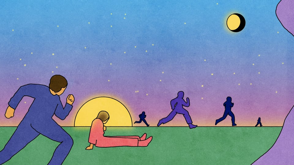 An illustration in which a figure in red sits down, clutching her chest, while people in blue run past her.