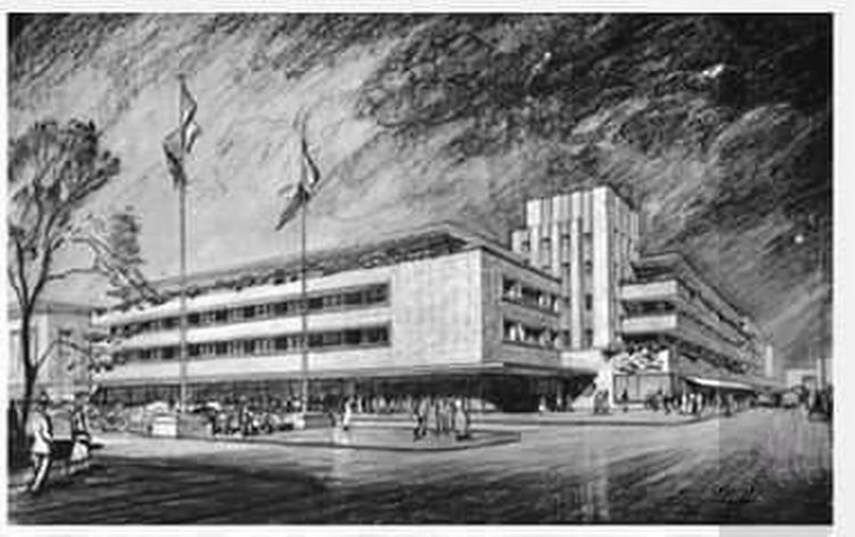 A pencil and charcoal sketch of a moderne dapartment store in the 1940s. It's made up of two long blocks joined by a six storey tower. The horizontal blocks have ribbon windows and some kind of roof terrace. A large canopy is cantilevered out over the pavement. The street in front, Royal Parade, is blessedly free of buses and vans.
