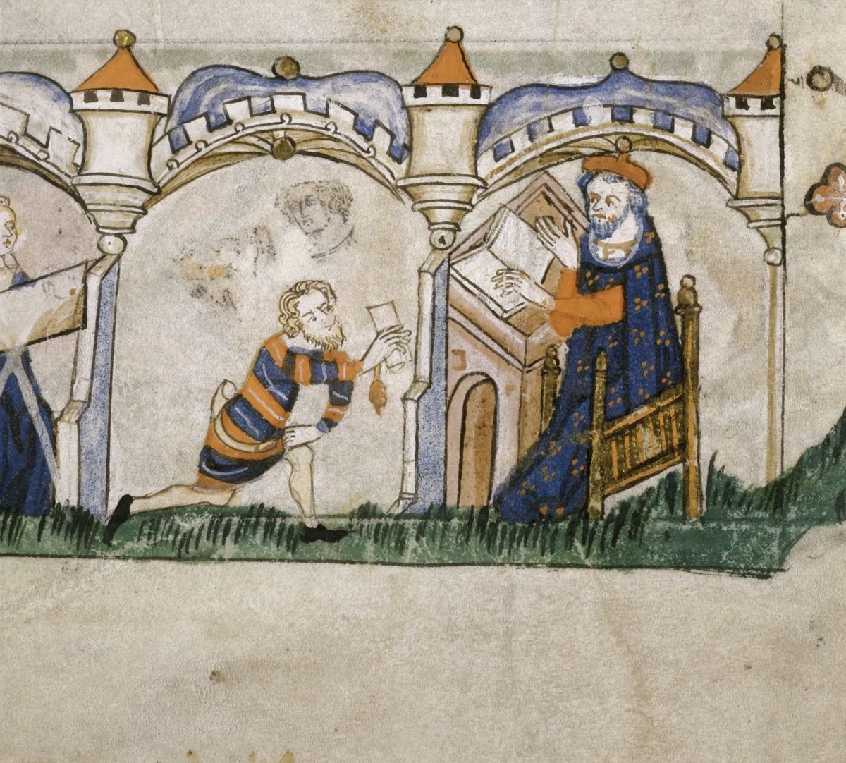 Detail of the bottom border of the folio with a bas-de-page scene of a messenger delivering a letter to a man seated at a desk. Image courtesy of British Library.