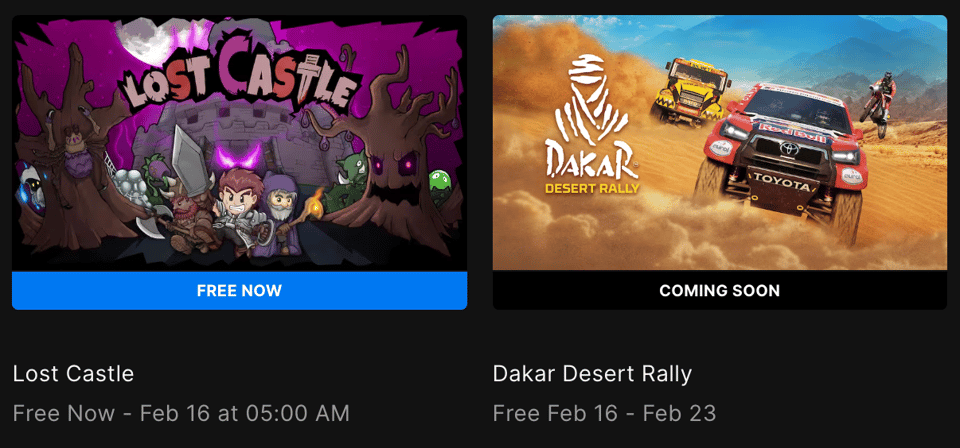 Screenshot of epic games showing Dakar Desert Rally will be free on Feb 16