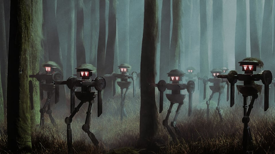 A drawing of several identical robots walking through a field.  It is dark, and their glowing eyes give a slightly menacing aura.  Photo by robin mikalsen on Unsplash.