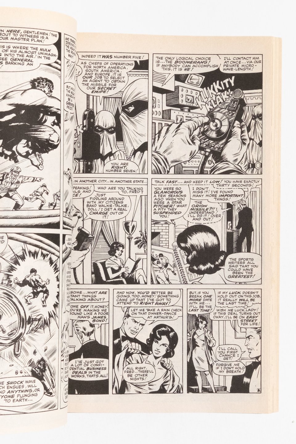 A page from Essential Hulk by Jack Kirby and Bill Everett. Two AIM agents are activating the Boomerang to attack The Hulk. The art is gorgeous.