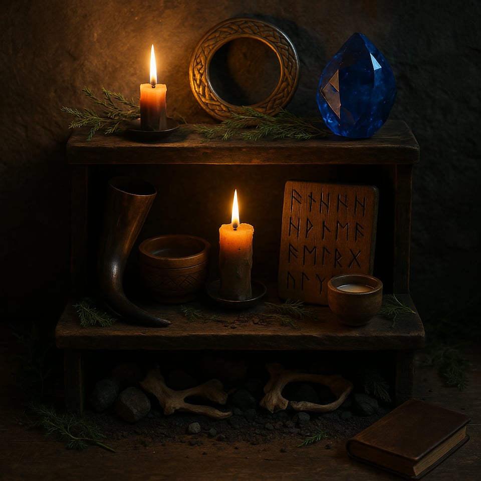 An AI-generated illustration of a three-tiered altar against a plastered wall, containing a drinking horn, candles, bones, tablets, etc.