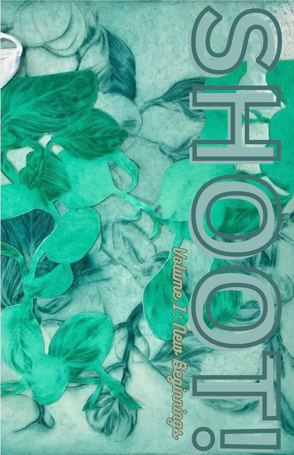 cover of RPS Collective art fan zine, SHOOT! vol 1: New Beginnings. The cover showcases layered paper cutouts of leaves and other shapes in soothing shades of green.
