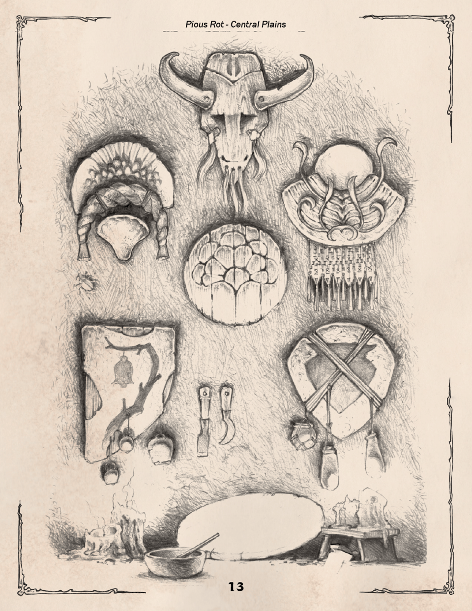 page form the plains booklet, showng 6 crests made out of different materials hanging on a wall, some of them are painted, others decorated with meta ornaments, rope, bells and horns. At the bottom a little working space is setup with candles and an empty crest about to be painted