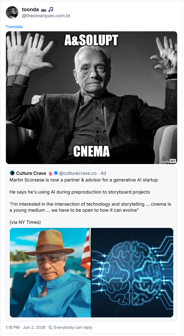Post de toonda 📷🎵 (@theomarques.com.br)

Contém imagem com a seguinte descrição:

“montagem no photoshop, o meme do scorcese "absolute cinema" editado porcamente com 3 braços e dedos extra, letras trocadas etc”

Citando o post do Culture Crave