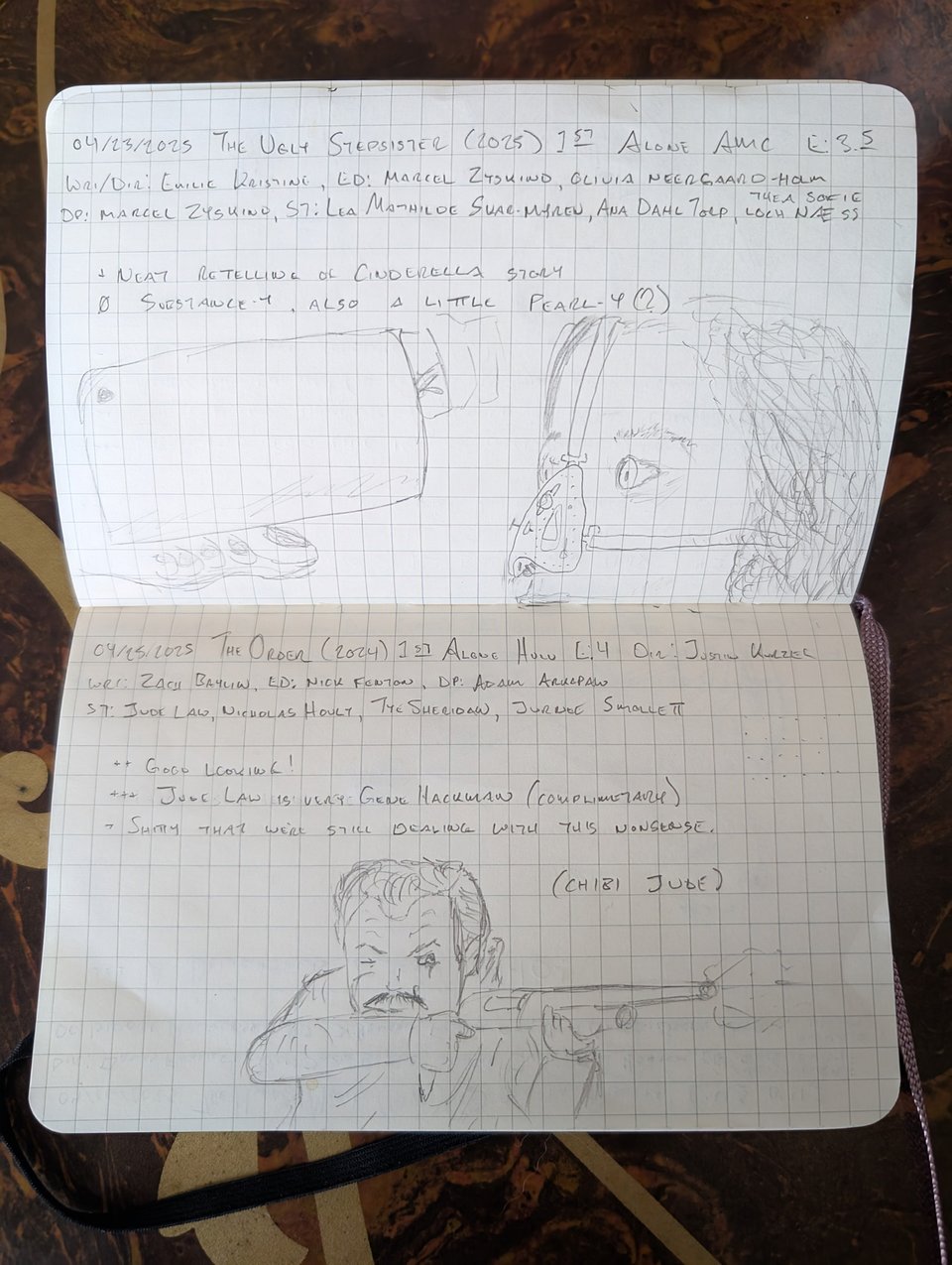 A quad-ruled notebook with handwritten notes/drawings about the movies The Ugly Stepsister, and The Order.