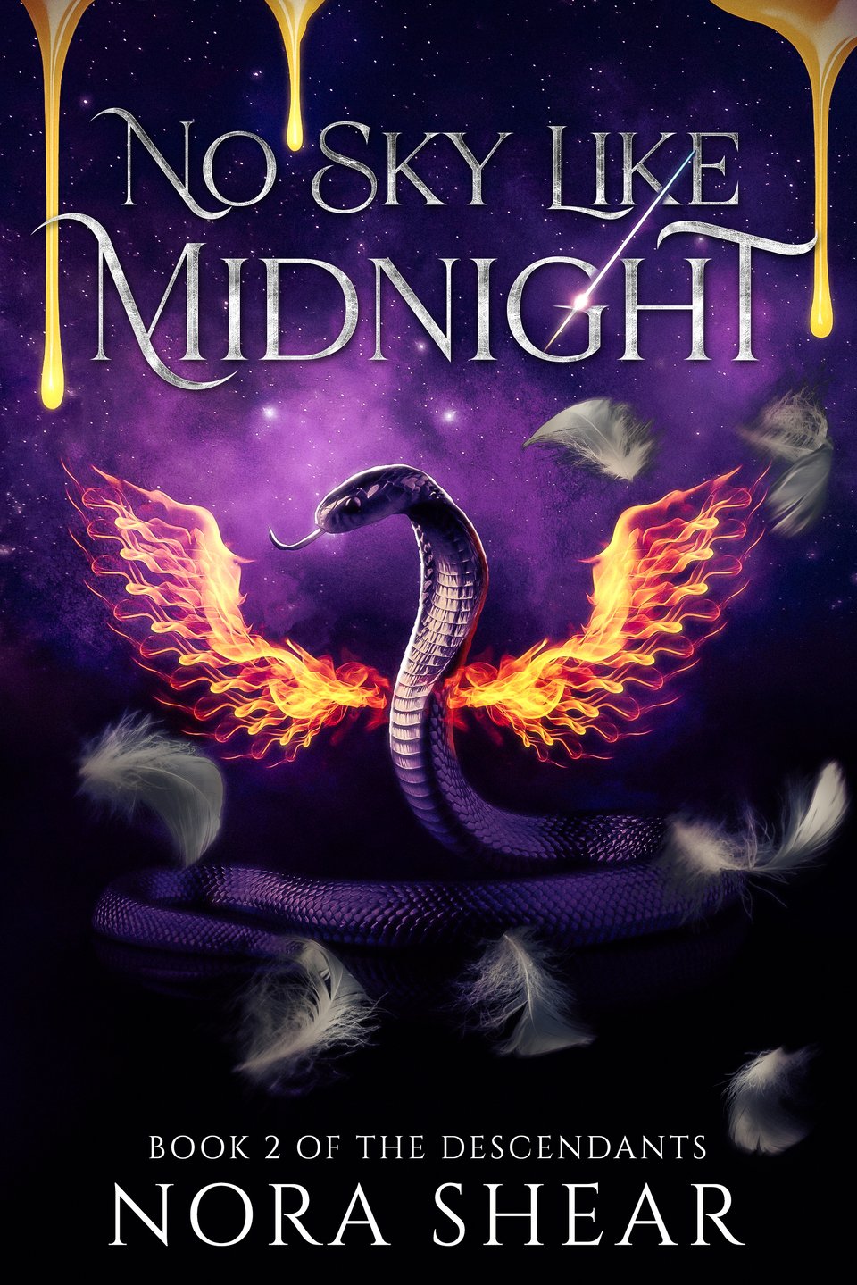 A book cover for the book No Sky Like Midnight, by Nora Shear. It centers a gray, cobra-esque snake with wings of fire, surrounded by seven light gray feathers, floating in the air. The background is a purple night sky, and from the top of the cover image drips three long streams of what looks like honey. The title is in ornate silver capital letters with flourishes, and there is a small meteor that flies through the title and sparks on the middle serif of the G in Midnight.