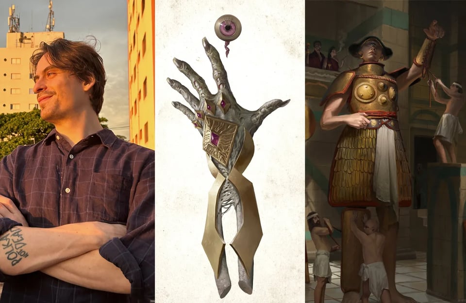Triptych: Portrait of Matheus, illustration of hand relic, illustration of one-eyed giant being ritually adorned.