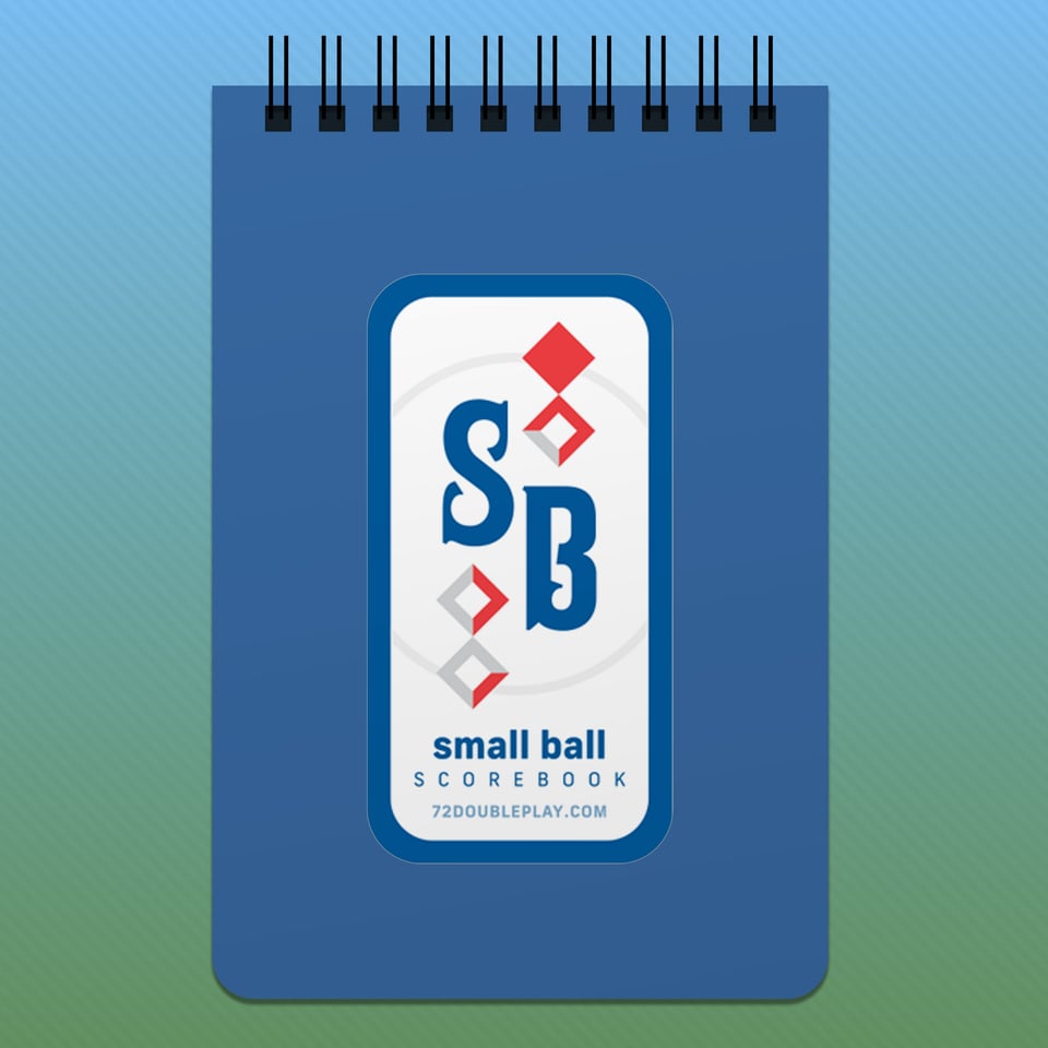 Small Ball Scorebook mockup – Royal blue cover with the "Monogram: Chavez Ravine" sticker