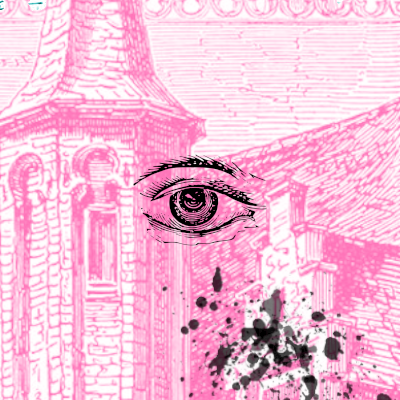 A line drawing of tower turrets, colourised hot pink, with an illustration of an open eye overlaid, and a trail of spilled ink leading to the eye.