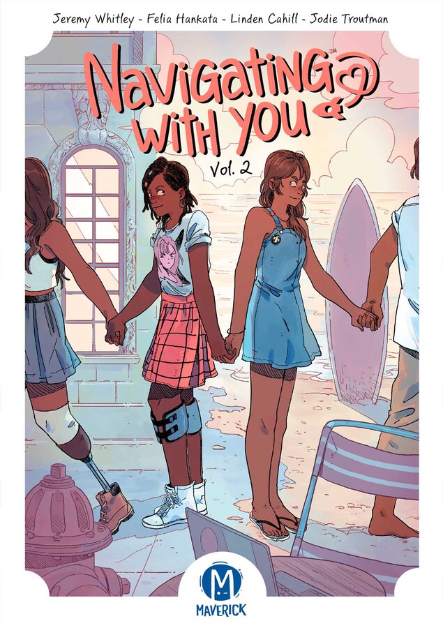 The cover for Navigating with You Volume 2. Neesha and Gabby stand back to back in the middle, holding hands across a divide between beach and street. Both of them also hold hands with only partially seen other characters who are pulling them away from the center.