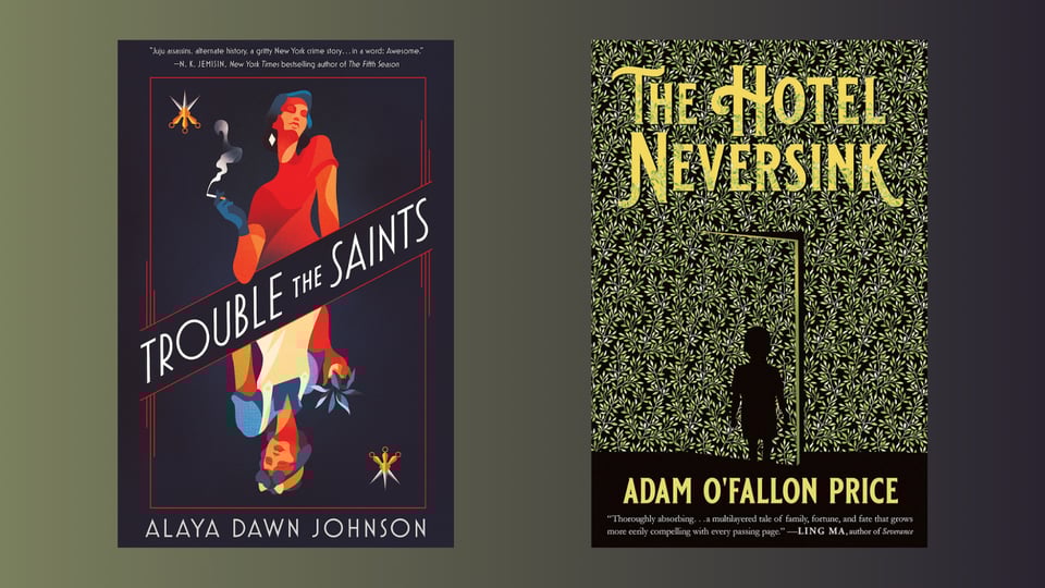 Trouble the Saints book cover: two women (the same?) emerge from the the title (one right side up, one mirrored upside down) with one in evening dress and one in gardening gear. Made up to look like a playing card design. The Hotel Neversink cover: The silhouette of a boy against a slightly open door, everything covered in plants.