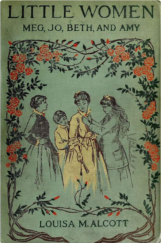 A faded green book cover with flowers and four female figures drawn in the middle.