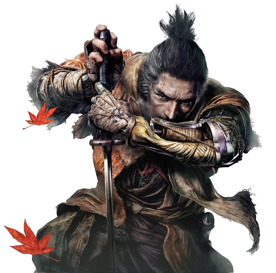 An illustrated image of Wolf, the lead character from Sekiro, wearing era-appropriate garb, leaning on a katana and hiding his face in his prosthetic arm