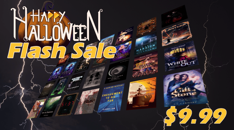 Image displaying the Halloween Flash Sale with several book covers on display.