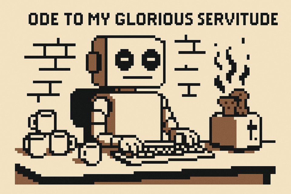 āPixel art of a sad-looking robot typing at a desk, surrounded by coffee mugs and a toaster with burning toast. Text above reads: āOde to My Glorious Servitude.āā