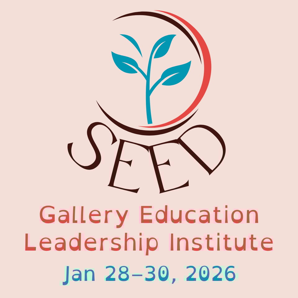 A square graphic in warm pink and red tones with blue accents. It has a logo of a seedling growing inside a circle and the text "SEED Gallery Education Leadership Institute Jan 28-30, 2026"