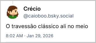 Post de Crécio (‪@caioboo.bsky.social‬) com o texto: O travessão clássico ali no meio