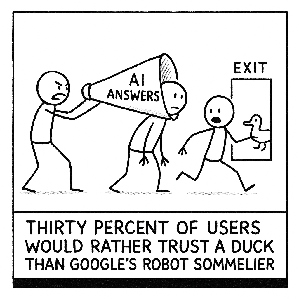 THIRTY PERCENT OF USERS WOULD RATHER TRUST A DUCK THAN GOOGLE'S ROBOT SOMMELIER.