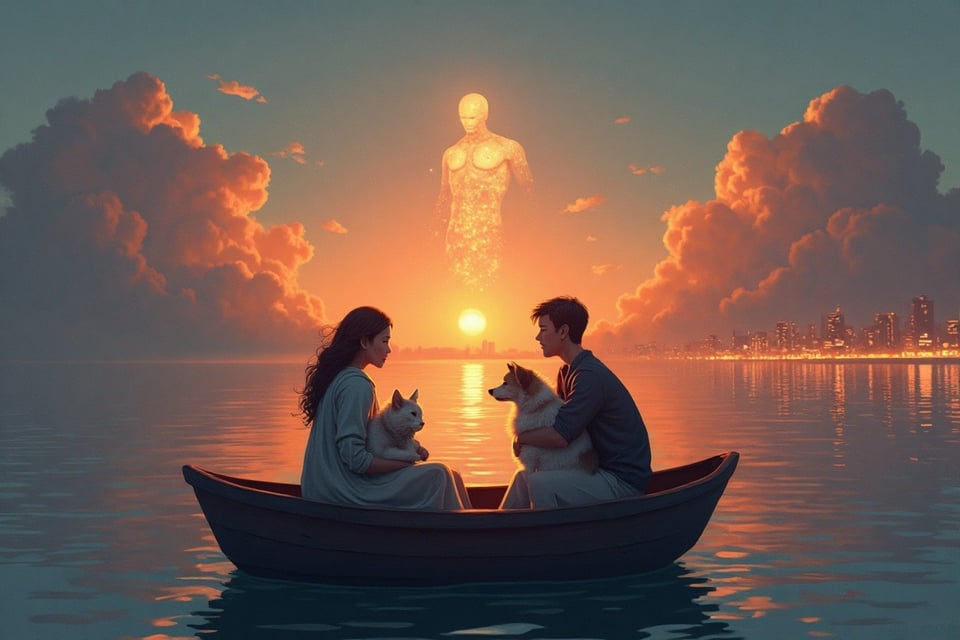 Vos, yo, tus gatos, mi perra, un bote sin remos y un coso de IA atrás, espiando todo en medio del atardecer. Pensalo.