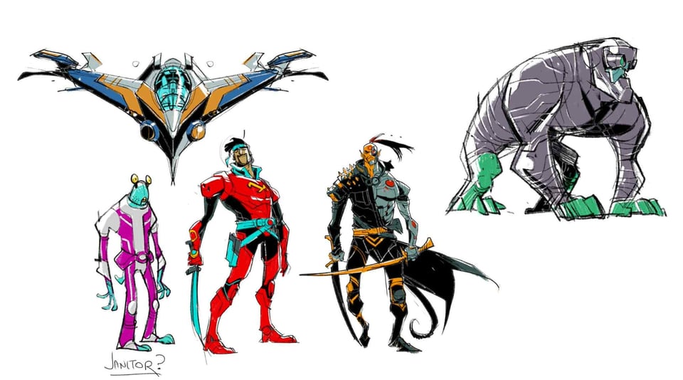 starjammers sketches by jake allen, including corsair, raza, a space janitor and a punisher robot — also, the milano from guardians of the galazy