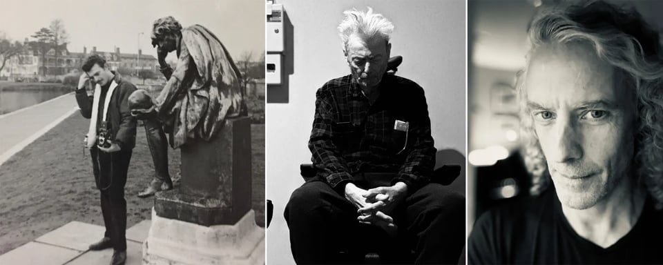 3 b/w photos: left, a white man in his 20s standing beside a statue of Hamlet, adopting a thoughtful pose; center, that same man at 88 in an eye exam room, head down, looking a little like Samuel Beckett; right, a selfie-portrait of his son with flowing curly hair