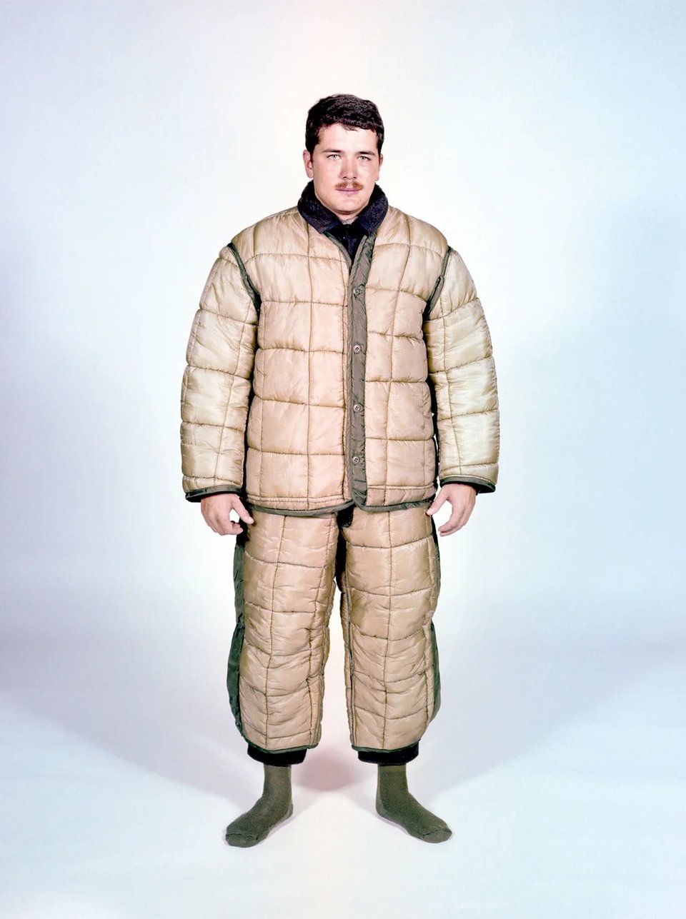 tan quilted jacket and pants