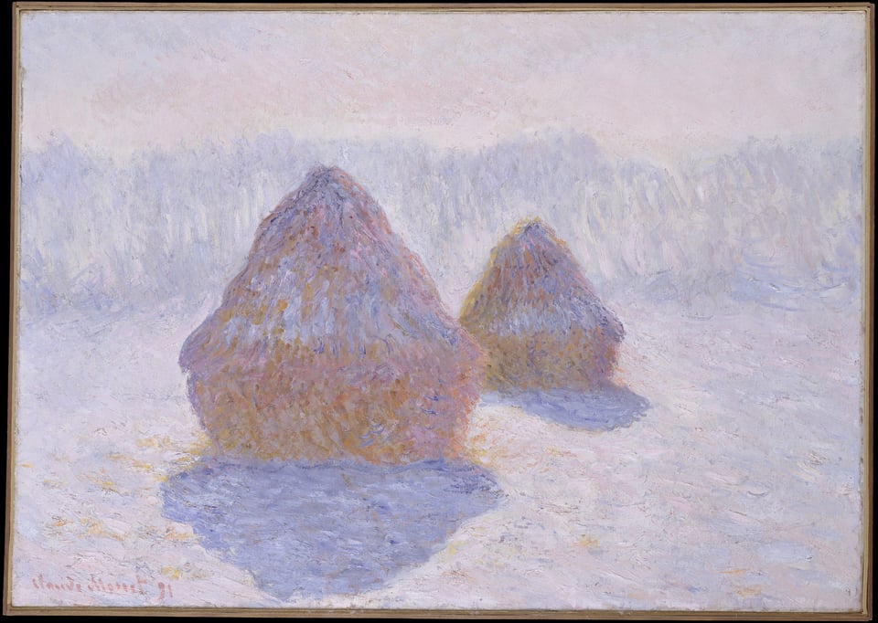 One of Monet's many haystack paintings, this one in the winter: two haystacks, one closer to us, show on the ground and on the haystacks, with faded trees in the background, shades of pink and purple throughout