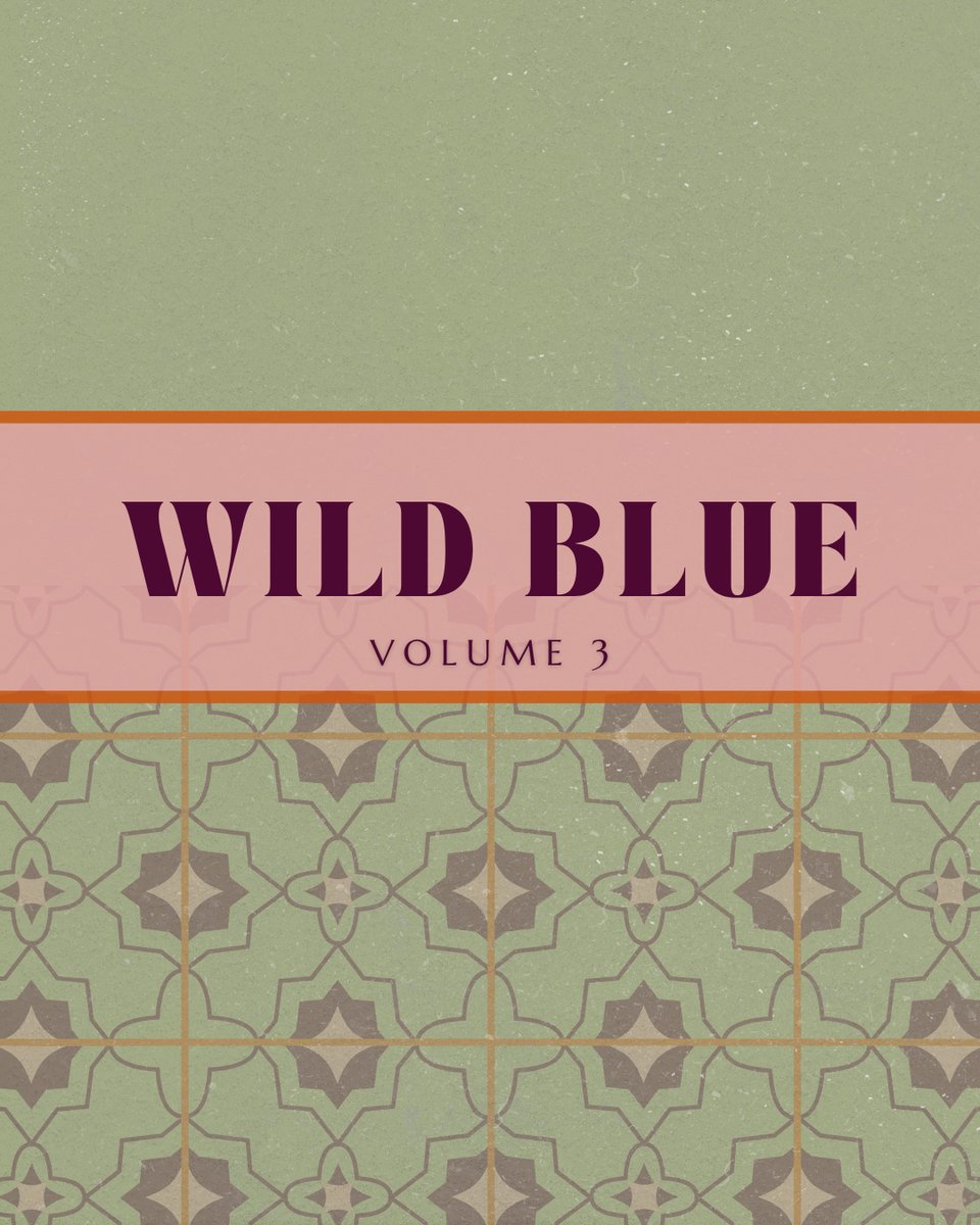 Cover art for Wild Blue volume 3. The colors are a muted green background with a coral stripe across the middle and patterned below.
