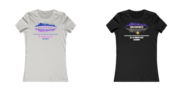 Two womens' t-shirts, one light, one dark, with the Unconfined convention logos on their fronts.