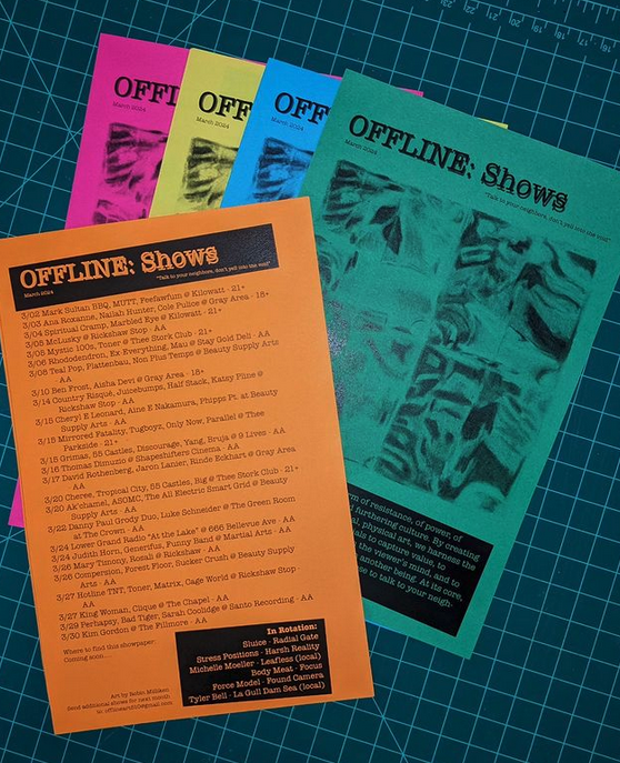 five sheets of bright paper, printed with bay area, california show dates and artwork