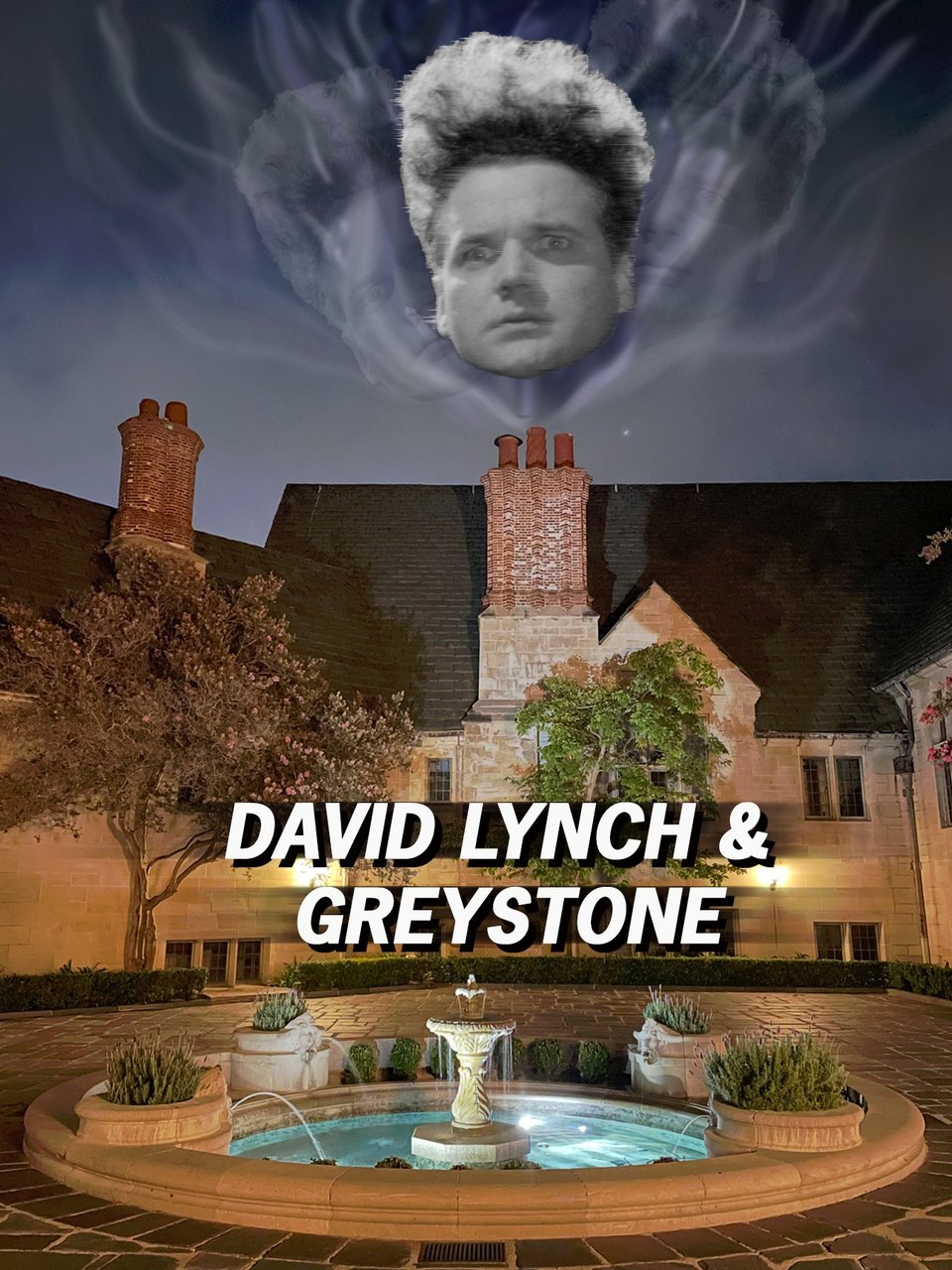 A moody old mansion. A fountain in the foreground. In the background, a chimney. Smoke rises from it and also ethereal images of Eraserhead
