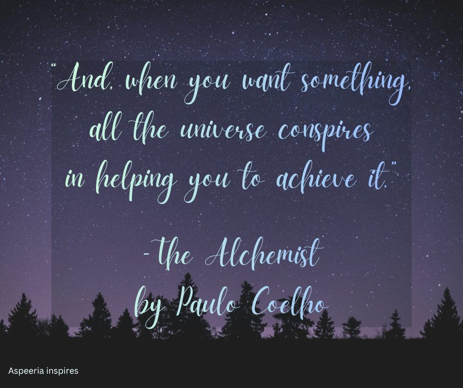Photo of a purple skyline with plenty of stars and a quote from Paulo Coelho