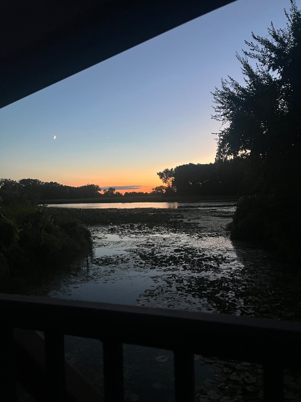 looking through the metal bars of a bridge over a lagoon with dark lily pads and dusky blue into light orange sunset, with a crescent moon on one side