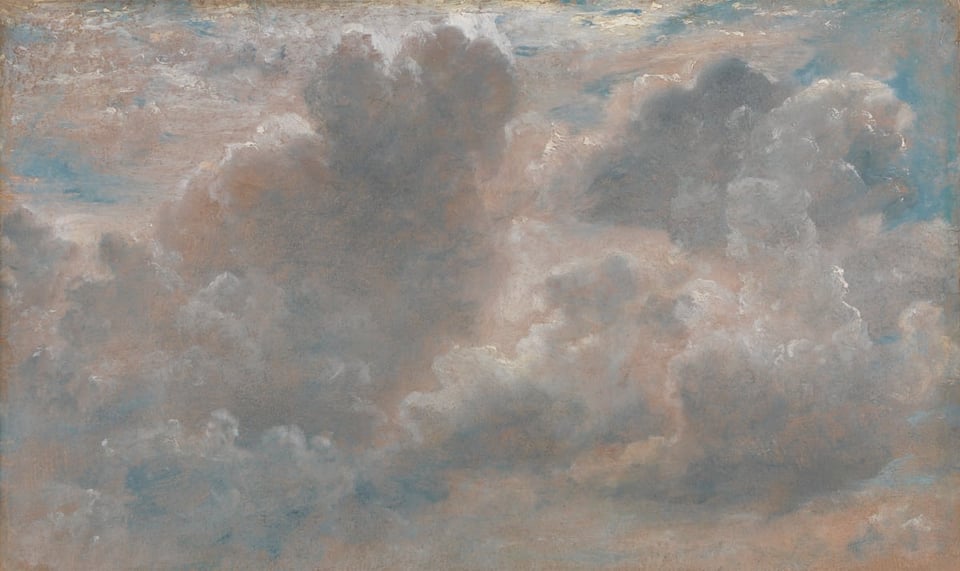 A painting of a cloud filled sky, only pink and grey and orange billowing clouds, towering and filling the entire painting. There's no ground, no horizon, just clouds and a small hint of the blue sky beyond.