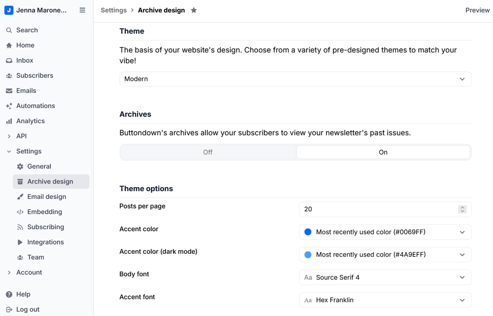 A Buttondown dashboard, showing the new, separate Archive Design and Email Design pages in the sidebar and the Archive Design settings open on the right side.