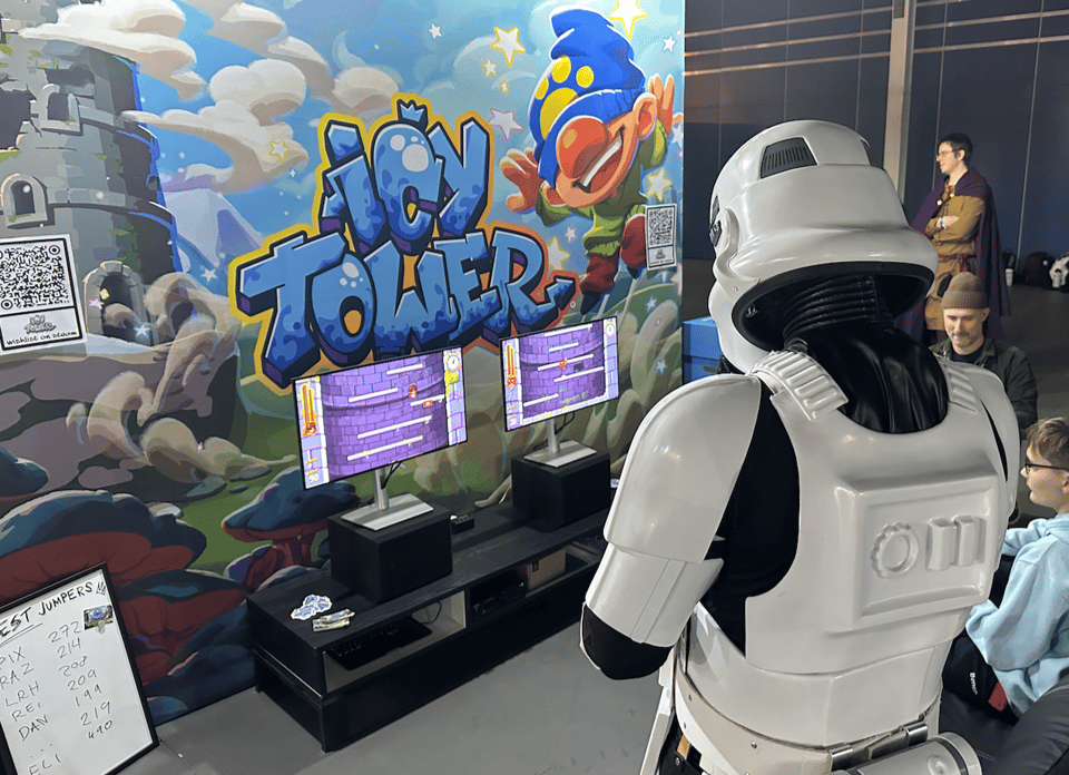 A stormtrooper playing Icy Tower