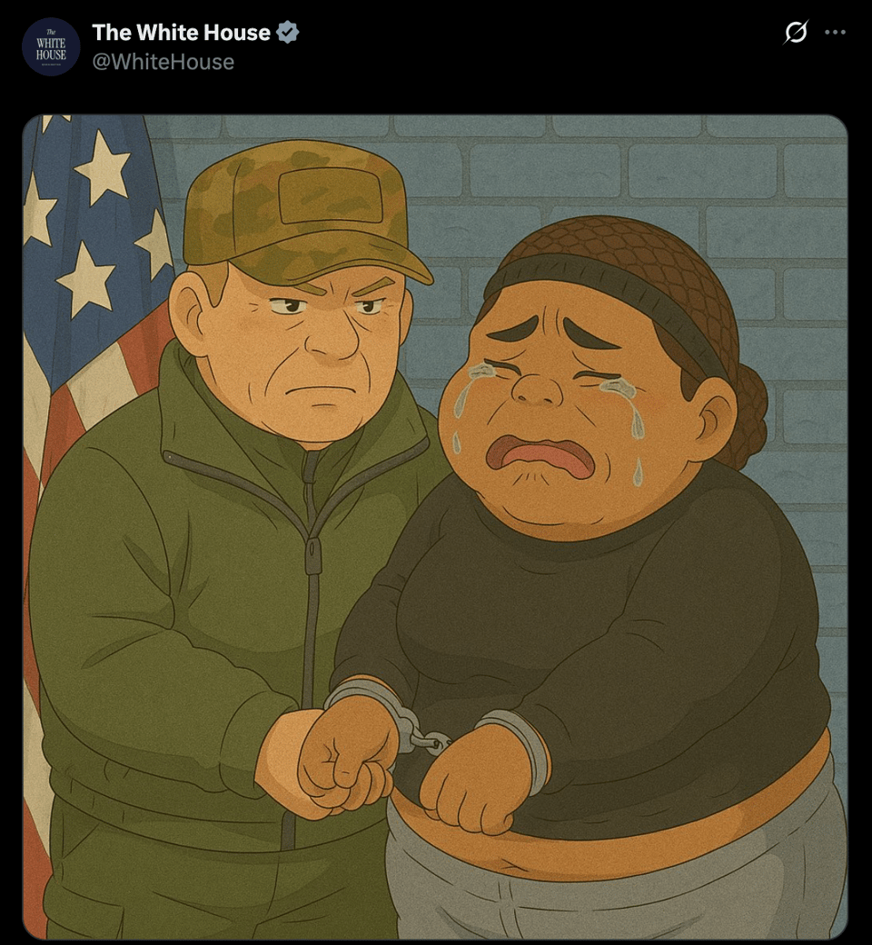 A tweet of the White House showing an AI-generated image in the style of Studio Ghibli of an immigrant getting arrested,