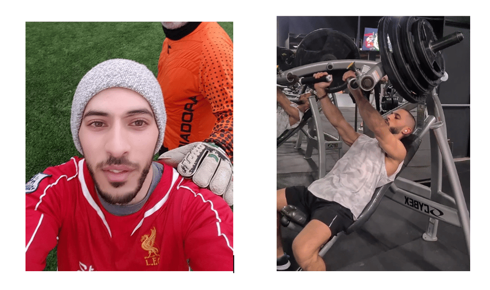 Two photos: the first, a man in a soccer shirt and a hat; the second, the same man using exercise equipment in a gym
