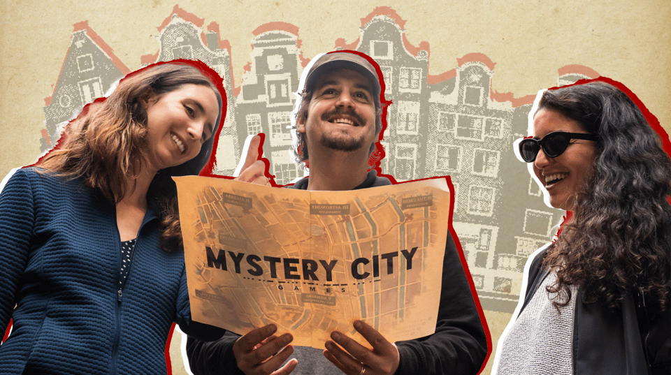 Three outrageously happy people hold a giant map that says "mystery city" on the back.