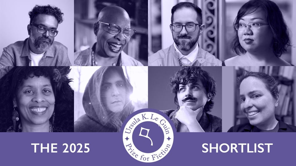 Ursula K. Le Guin 2025 shortlist, with purple-and-white photos of eight writers.