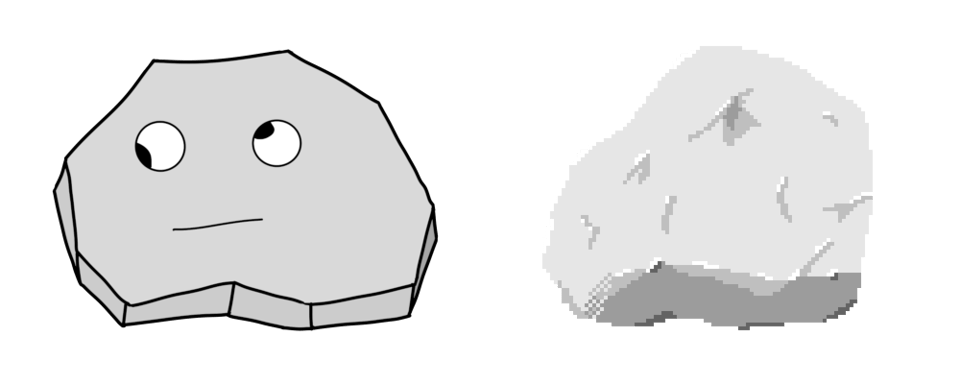 Picture of two drawn rocks: the left made with digital art style and the right in pixel style.