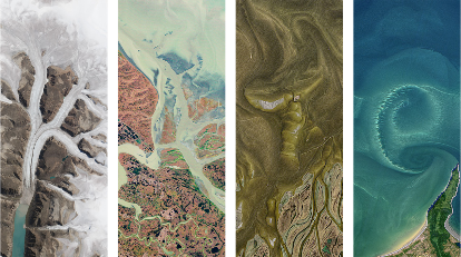 Four images as tall vertical rectangles, each containing a Landsat color image of the earth showing features that spell the letters k a t e (a mountain range, a coastal lagoon, a river delta, a swirling beach jetty)